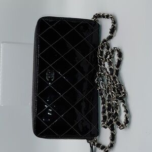 Chanel Black Patent Leather Zippered Wallet On  A Chain! WOC VGC!